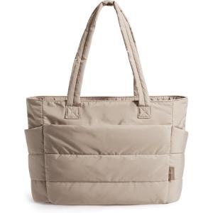 BAGSMART Tote Bag for Women, Lightweight Puffy Tote Bag with Compartments Shoulder Bag Handbag for Travel, Work, Gym | Lightweight, Puffy, Tote Bag with Compartments, Quilted, for Travel, Work(Grayish Brown-small Size)