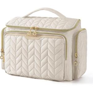 BAGSMART Travel Toiletry Bag, Large Wide-open Travel Bag for Toiletries, Makeup Cosmetic Travel Bag with Handle-Navy(Beige)