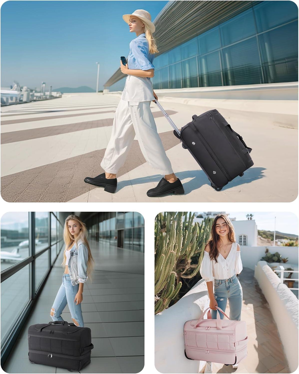 imageBAGSMART 42L Rolling Duffle Bag with Wheels Carry On Bag Duffel Bag for Travel Wet Pocket Duffle Bag with Wheels and Handle BrownAKhaki