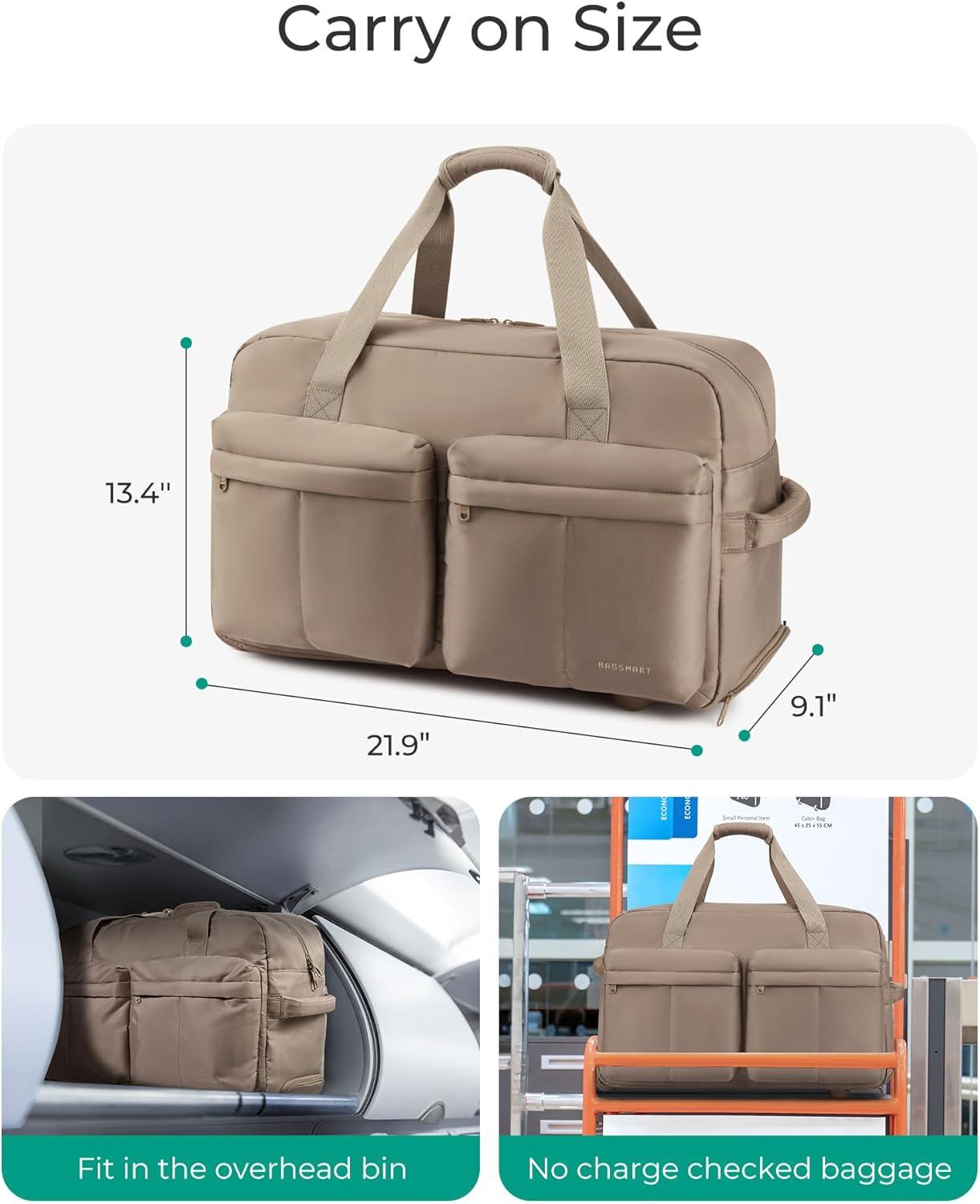 imageBAGSMART 42L Rolling Duffle Bag with Wheels Carry On Bag Duffel Bag for Travel Wet Pocket Duffle Bag with Wheels and Handle BrownClassic