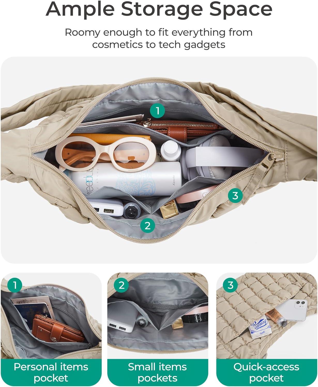 imageBAGSMART Crossbody Hobo Bag for Women with Adjustable Strap Quilted Puffy Purses for Women Fluffy Compact Shoulder HandbagBlatte Brown