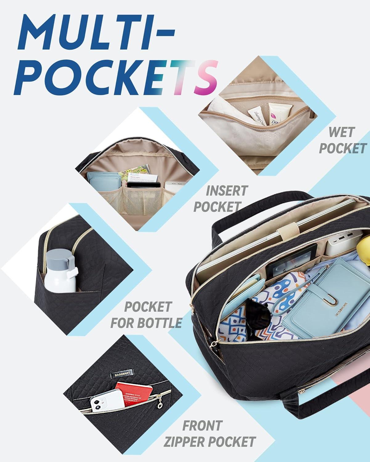 imageBAGSMART Duffle Bag 37L Large Carry On Weekender Overnight Bag with Wet Pocket Laptop Compartment And Shoes Bag for for Women Travel Business Trips SportsBlackBlack