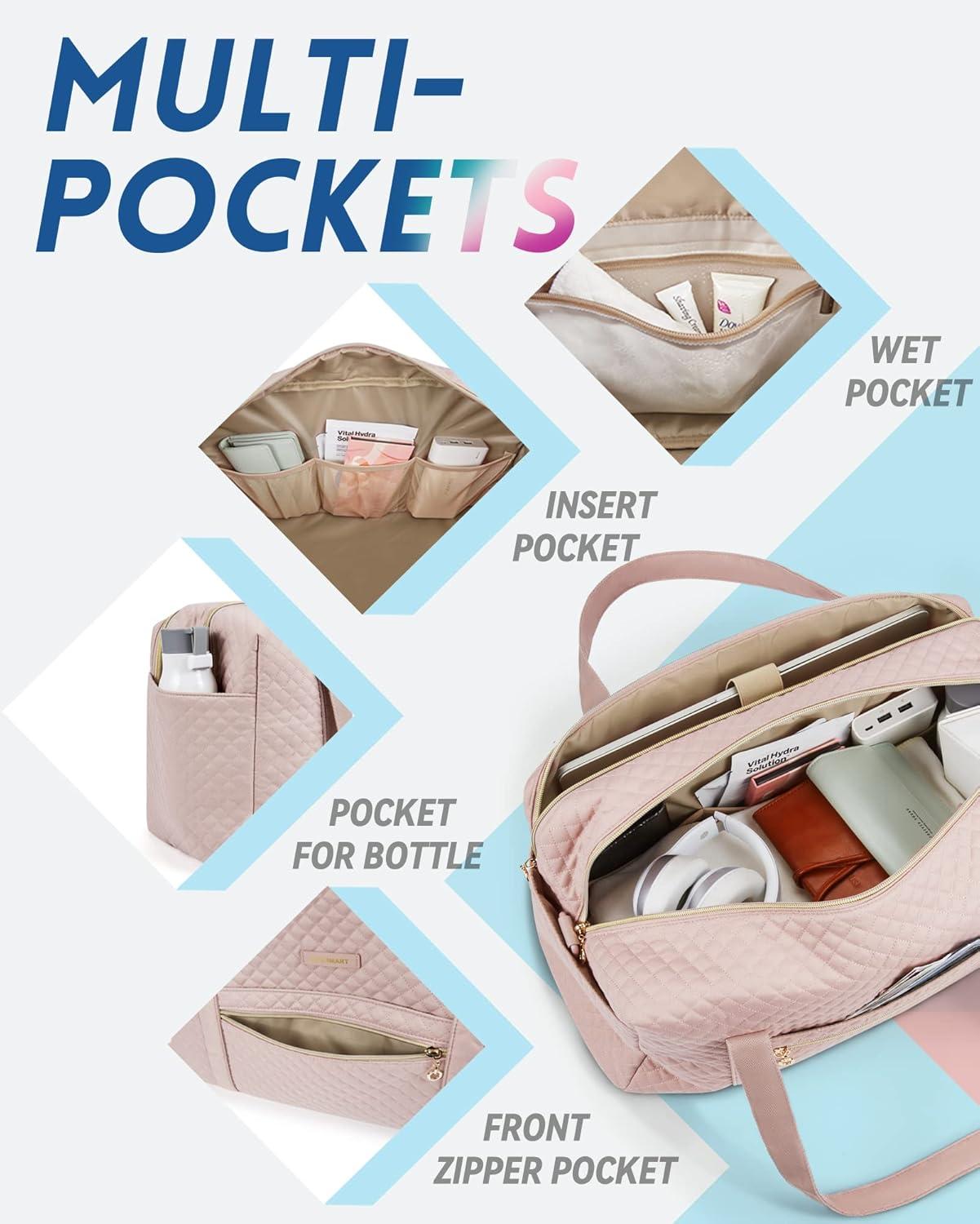 imageBAGSMART Duffle Bag 37L Large Carry On Weekender Overnight Bag with Wet Pocket Laptop Compartment And Shoes Bag for for Women Travel Business Trips SportsBlackPink