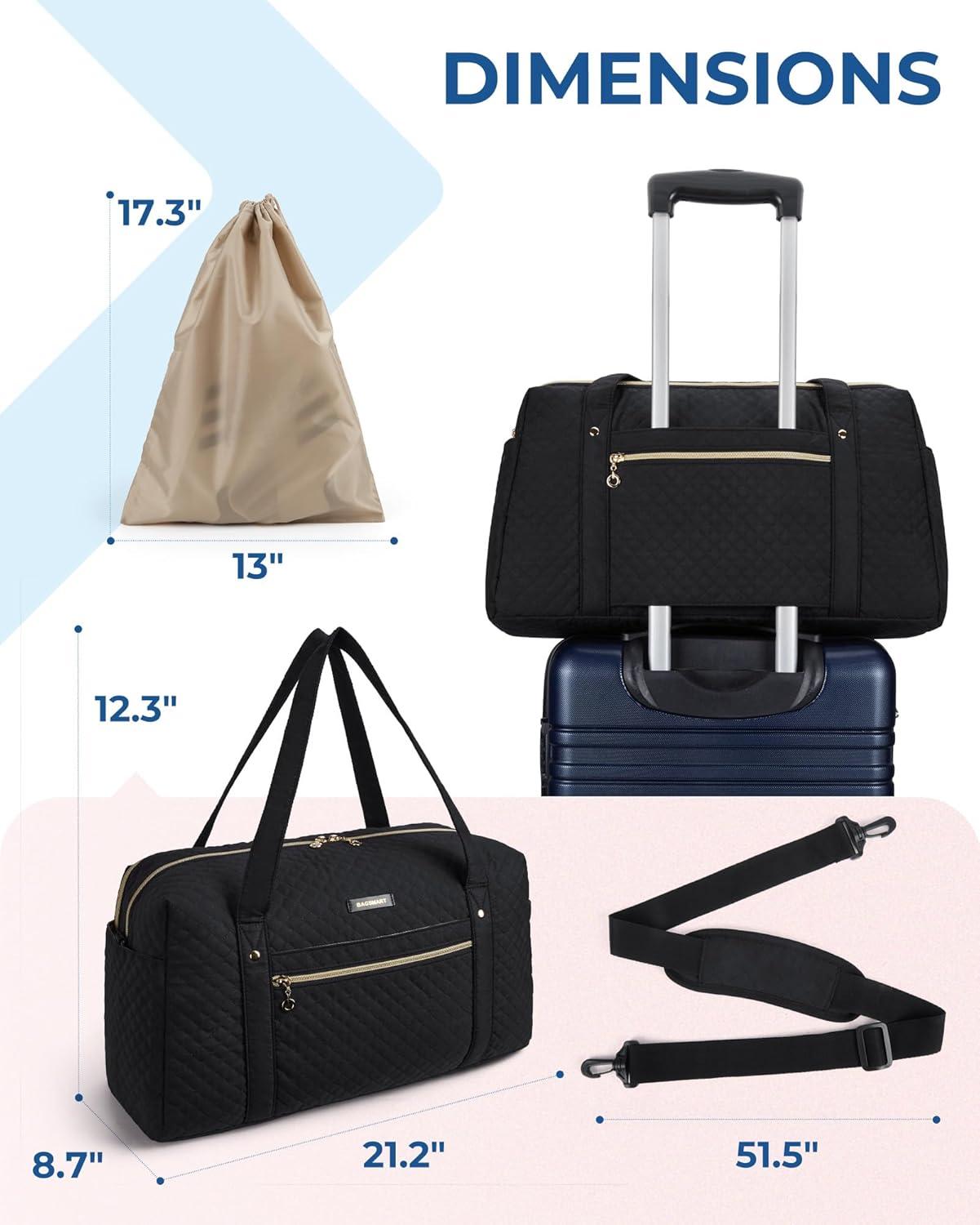 imageBAGSMART Duffle Bag 37L Large Carry On Weekender Overnight Bag with Wet Pocket Laptop Compartment And Shoes Bag for for Women Travel Business Trips SportsBlackBlack