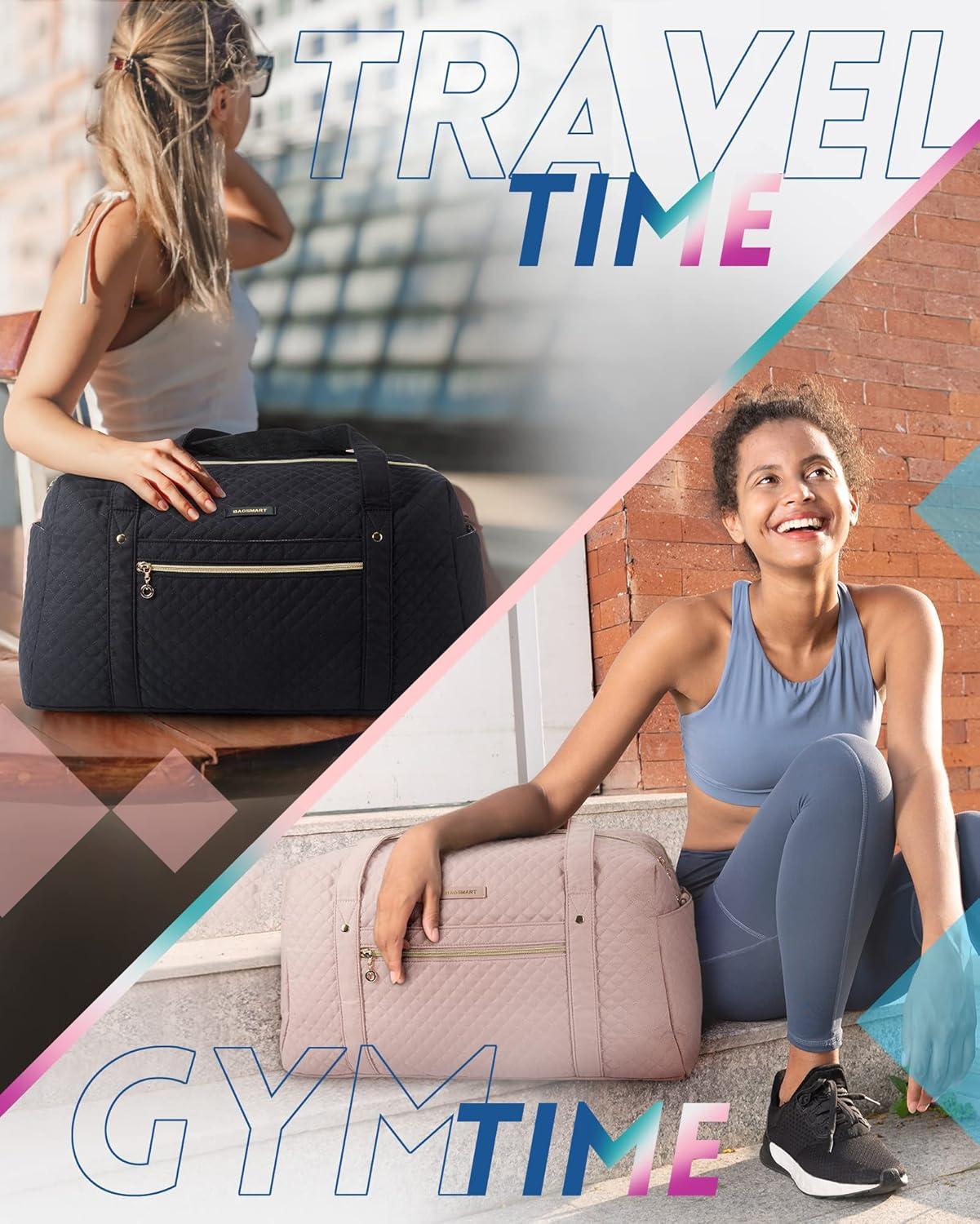 imageBAGSMART Duffle Bag 37L Large Carry On Weekender Overnight Bag with Wet Pocket Laptop Compartment And Shoes Bag for for Women Travel Business Trips SportsBlackPink