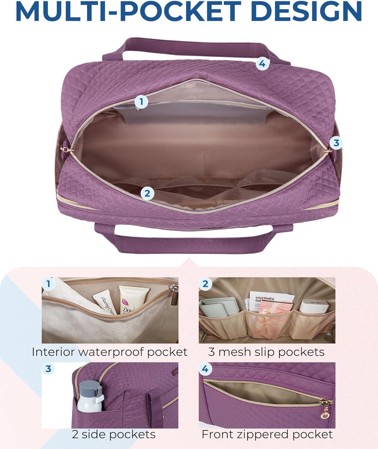 imageBAGSMART Duffle Bag 37L Large Carry On Weekender Overnight Bag with Wet Pocket Laptop Compartment And Shoes Bag for for Women Travel Business Trips SportsBlackPurple