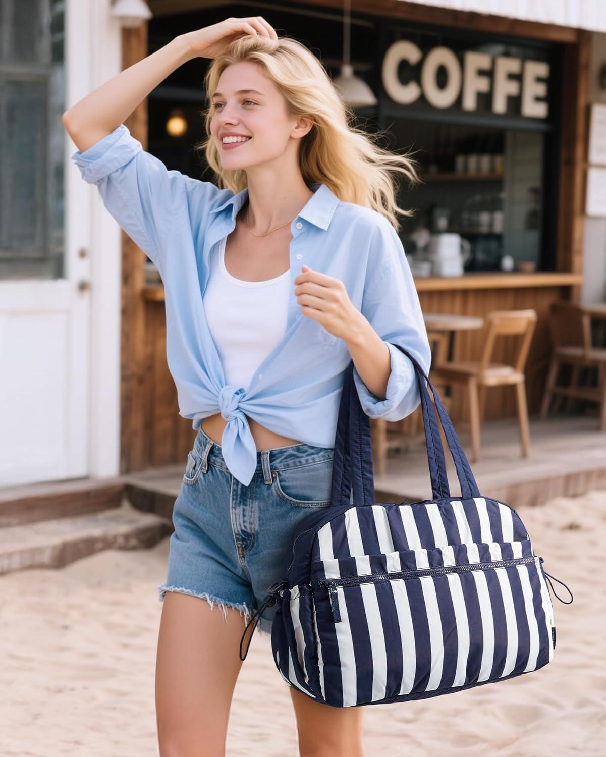 imageBAGSMART Gym Bag for Women Duffle Bag for Travel with Wet Pocket Lightweight Carry on Weekender Duffel Water ResistantCoastal Stripe