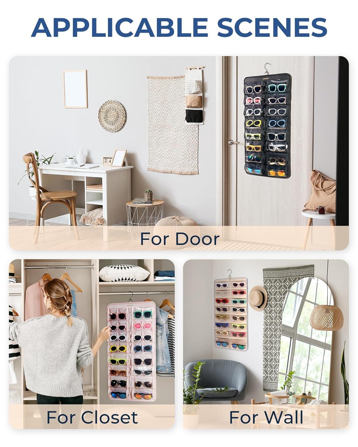 imageBAGSMART Hanging Jewelry Organizer Dust Proof Sunglasses Storage Case Wall Mounted Travel Dual Sided Glasses Case Multiple Pairs Eyeglasses Holder with 32 Clear Slots amp Metal Hook BlackGrey