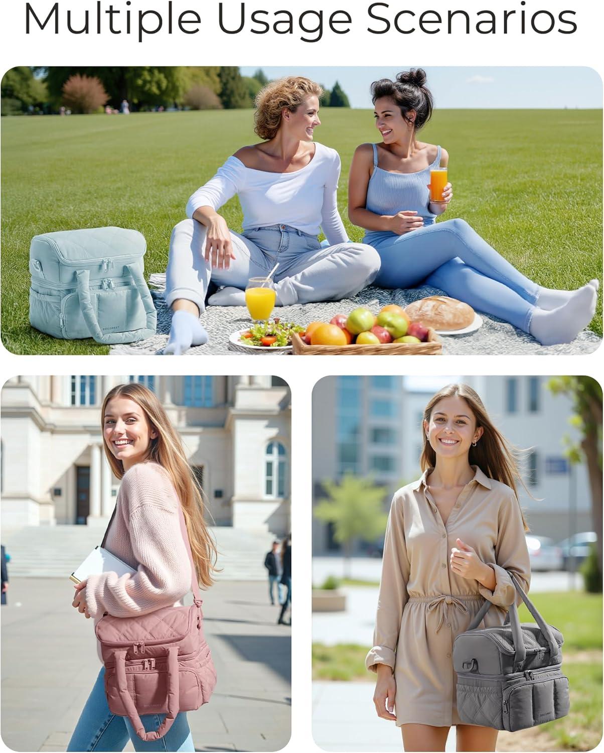 imageBAGSMART Insulated Lunch Bags for Women Cute Quilted Lunch Box Lightweight Puffy Padded Waterproof Lunch Tote Reusable Lunch Cooler for Work Picnic Travel BlackLight Blue