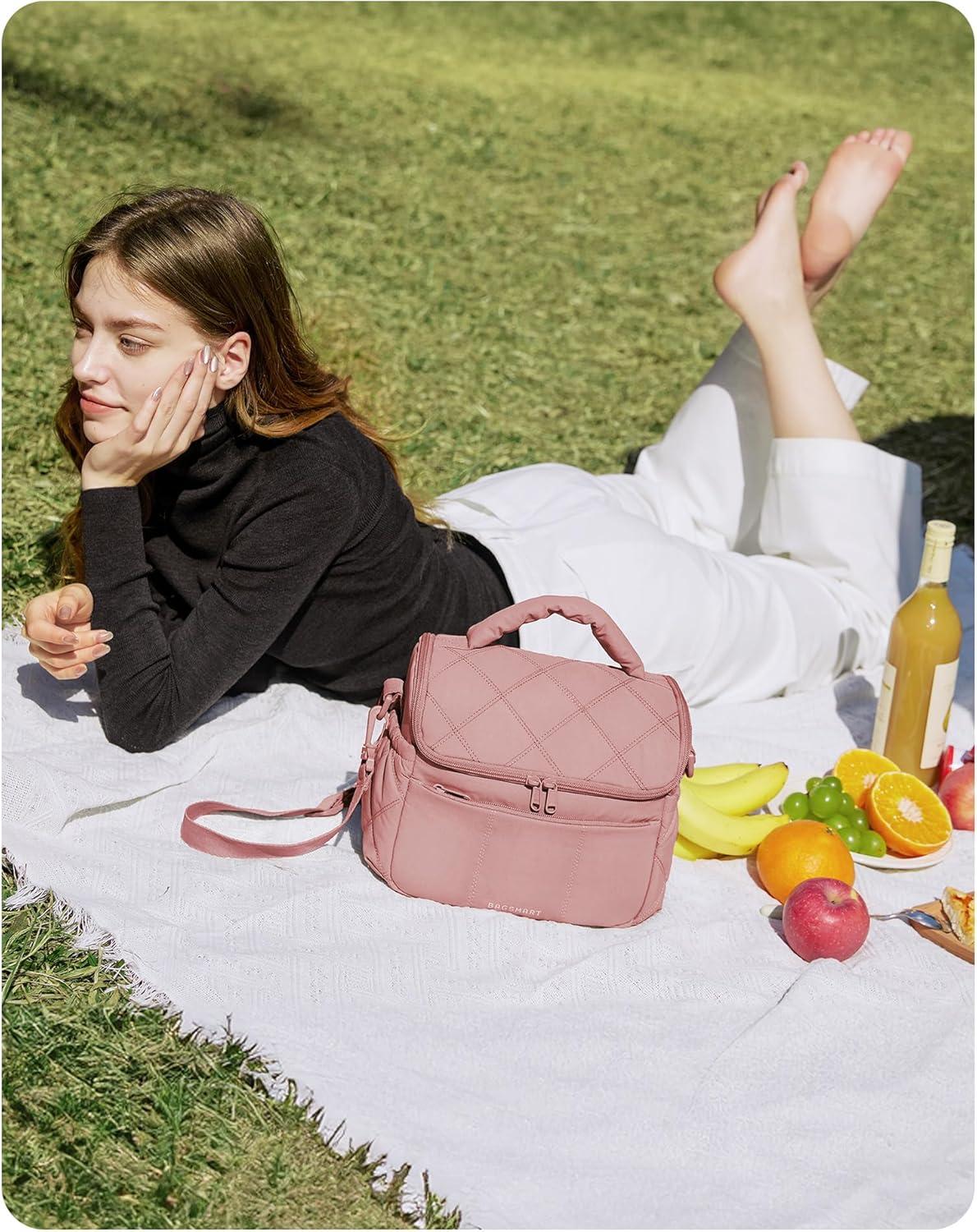 imageBAGSMART Insulated Lunch Bags for Women Cute Quilted Lunch Box Lightweight Puffy Padded Waterproof Lunch Tote Reusable Lunch Cooler for Work Picnic Travel BlackLight Blue