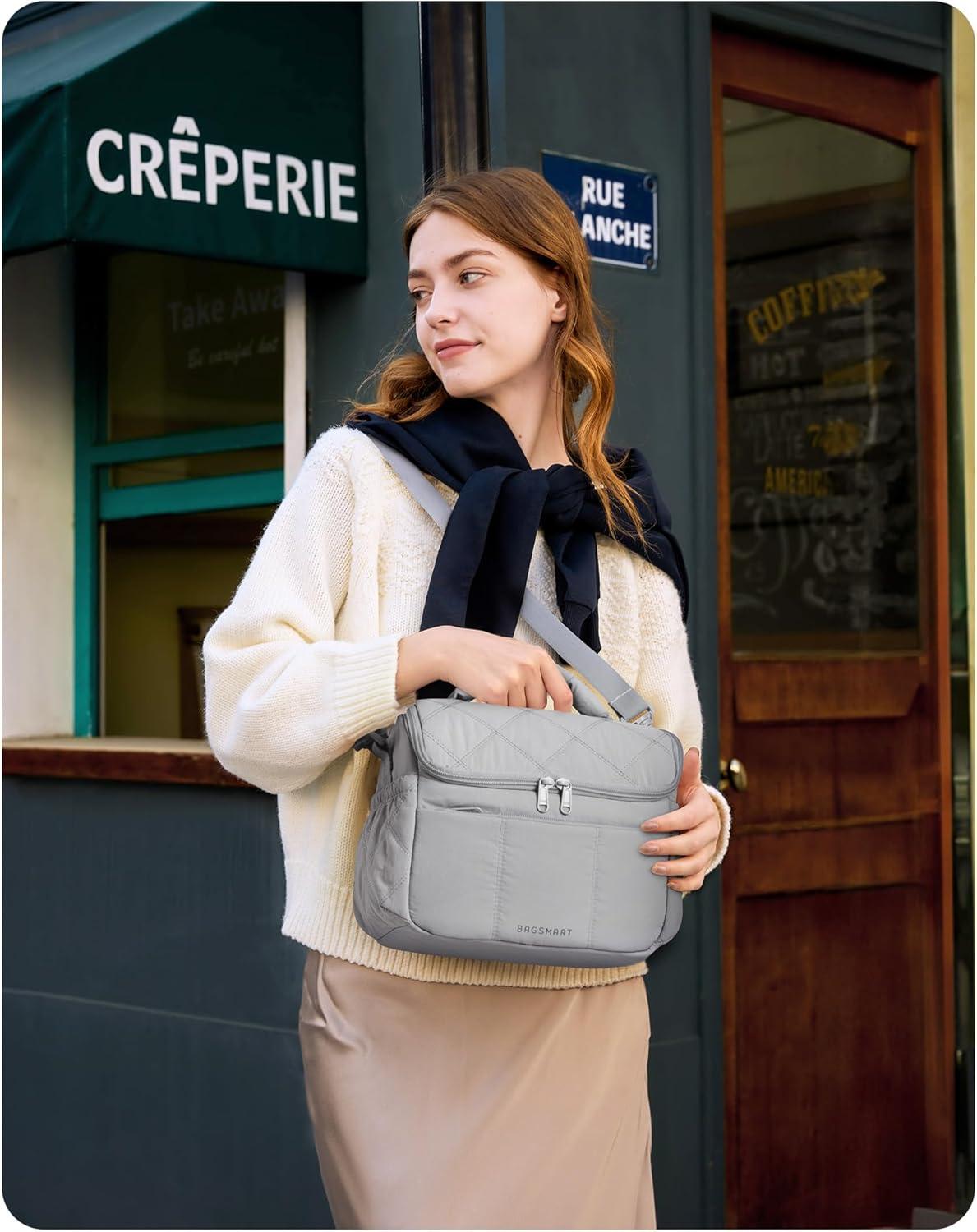 imageBAGSMART Insulated Lunch Bags for Women Cute Quilted Lunch Box Lightweight Puffy Padded Waterproof Lunch Tote Reusable Lunch Cooler for Work Picnic Travel BlackLight Blue