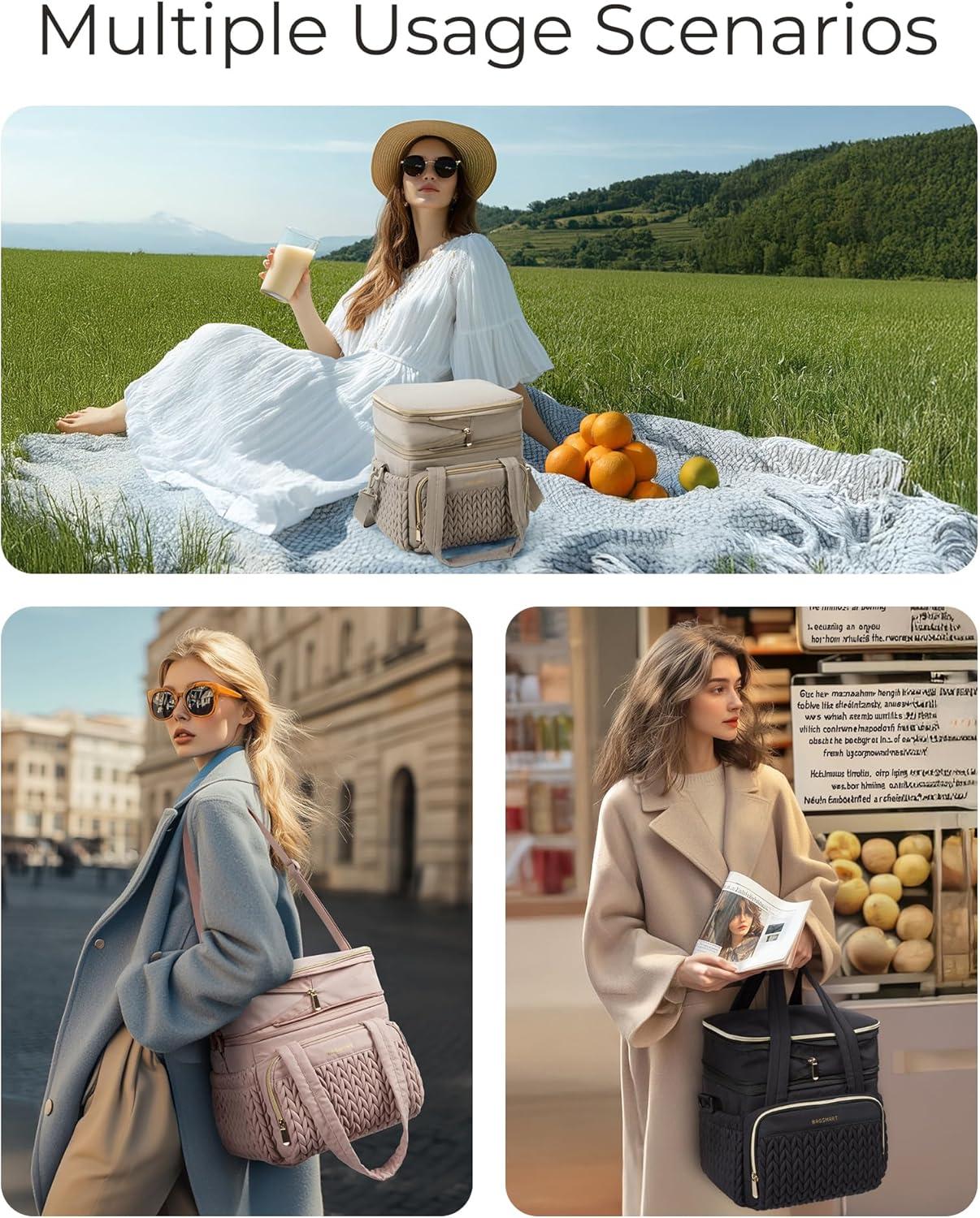 imageBAGSMART Insulated Lunch Box for Women Double Deck Leakproof Cooler Bag with Expandable Design for Office Work amp Outdoor PicnicDusky Pink