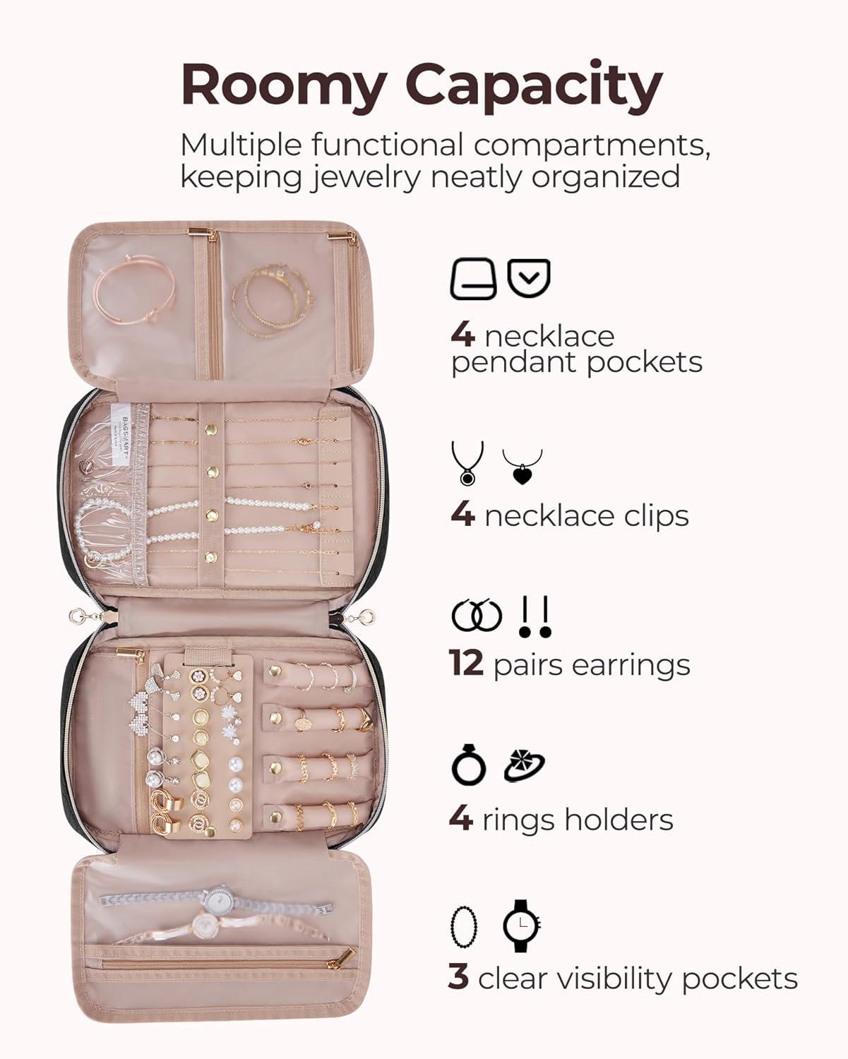 imageBAGSMART Jewelry Organizer Case Large Travel Jewelry Storage Bag for Necklace Earrings Rings Bracelet Soft PinkBlack