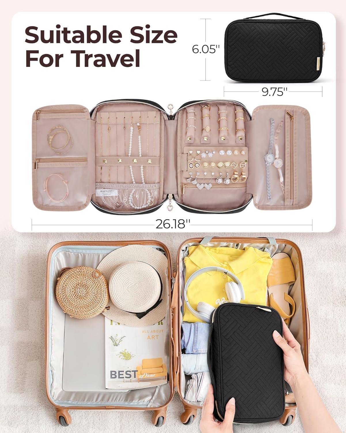 imageBAGSMART Jewelry Organizer Case Large Travel Jewelry Storage Bag for Necklace Earrings Rings Bracelet Soft PinkBlack