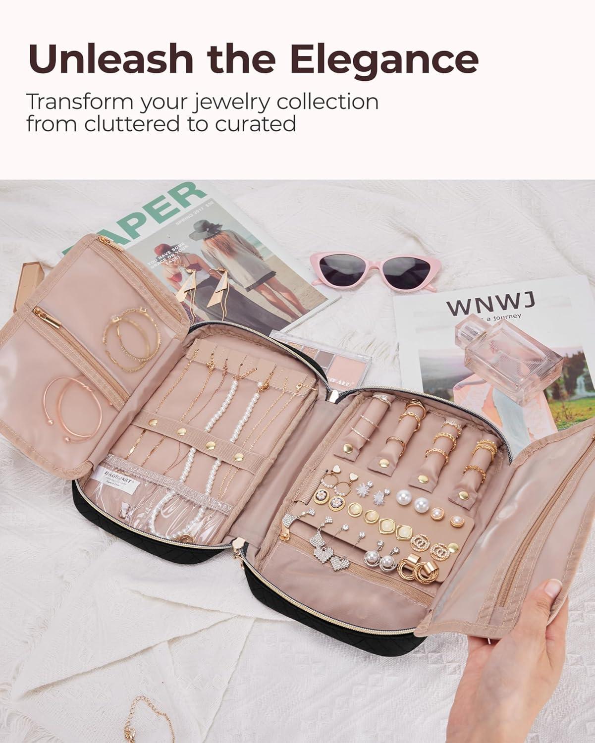 imageBAGSMART Jewelry Organizer Case Large Travel Jewelry Storage Bag for Necklace Earrings Rings Bracelet Soft PinkBlack