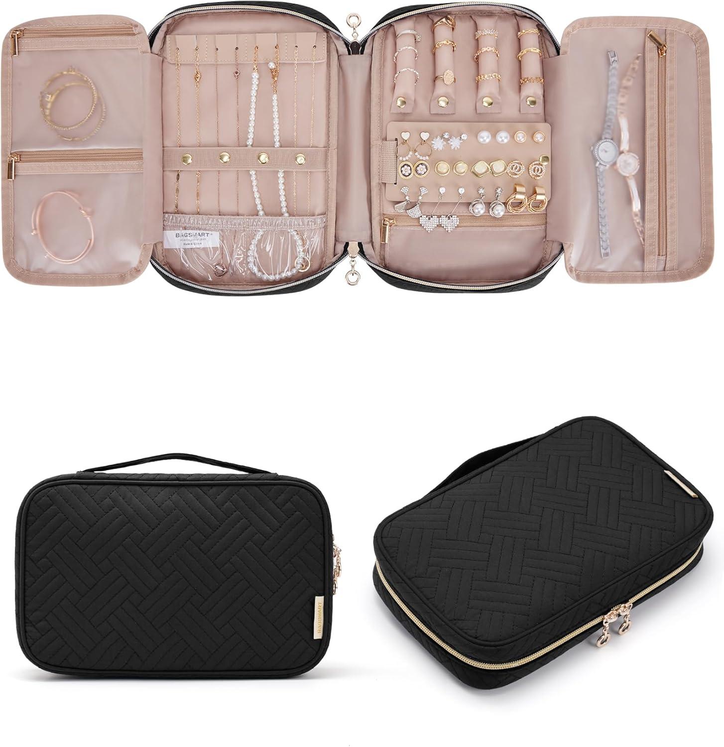 imageBAGSMART Jewelry Organizer Case Large Travel Jewelry Storage Bag for Necklace Earrings Rings Bracelet Soft PinkBlack