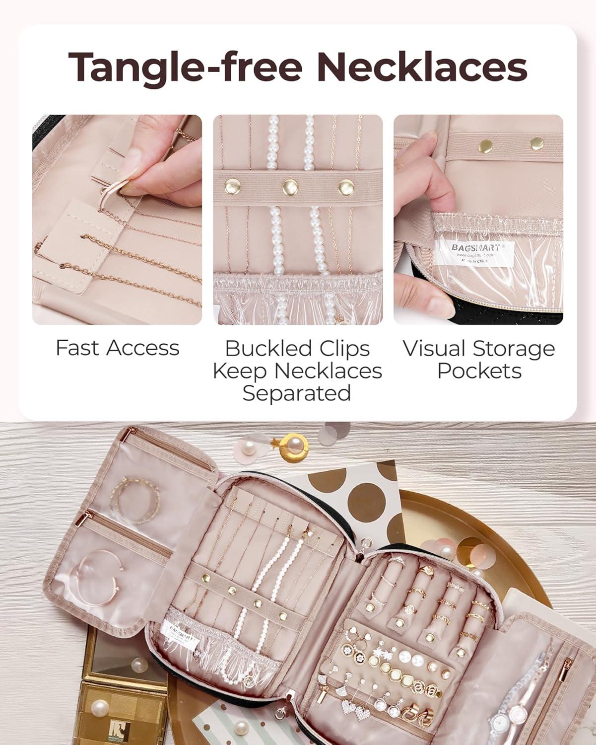 imageBAGSMART Jewelry Organizer Case Large Travel Jewelry Storage Bag for Necklace Earrings Rings Bracelet Soft PinkBlack