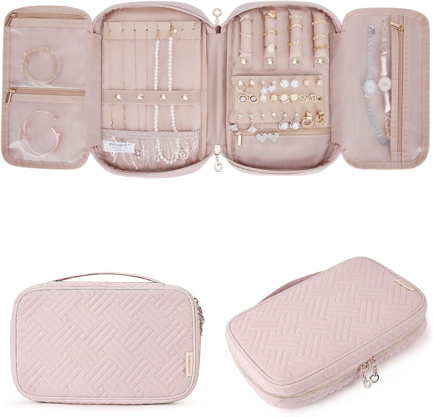 imageBAGSMART Jewelry Organizer Case Large Travel Jewelry Storage Bag for Necklace Earrings Rings Bracelet Soft PinkSoft Pink