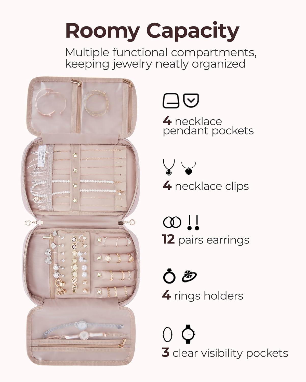 imageBAGSMART Jewelry Organizer Case Large Travel Jewelry Storage Bag for Necklace Earrings Rings Bracelet Soft PinkSoft Pink