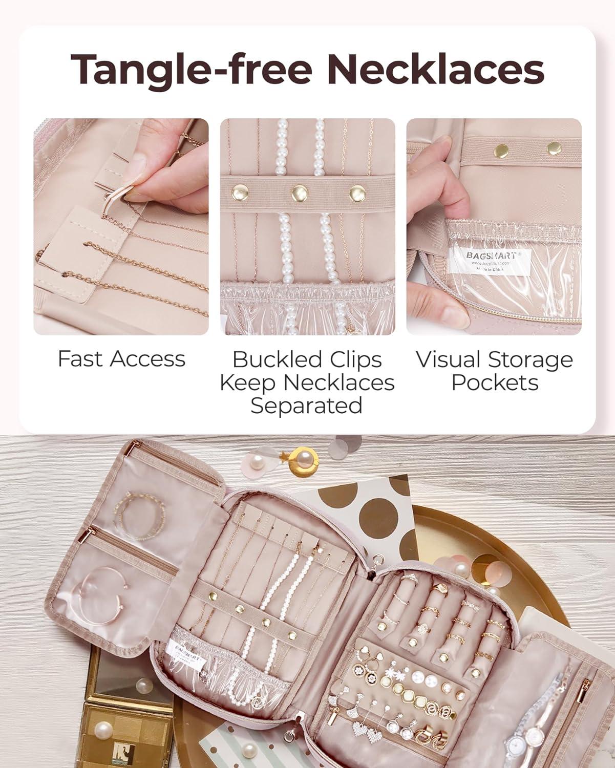 imageBAGSMART Jewelry Organizer Case Large Travel Jewelry Storage Bag for Necklace Earrings Rings Bracelet Soft PinkSoft Pink