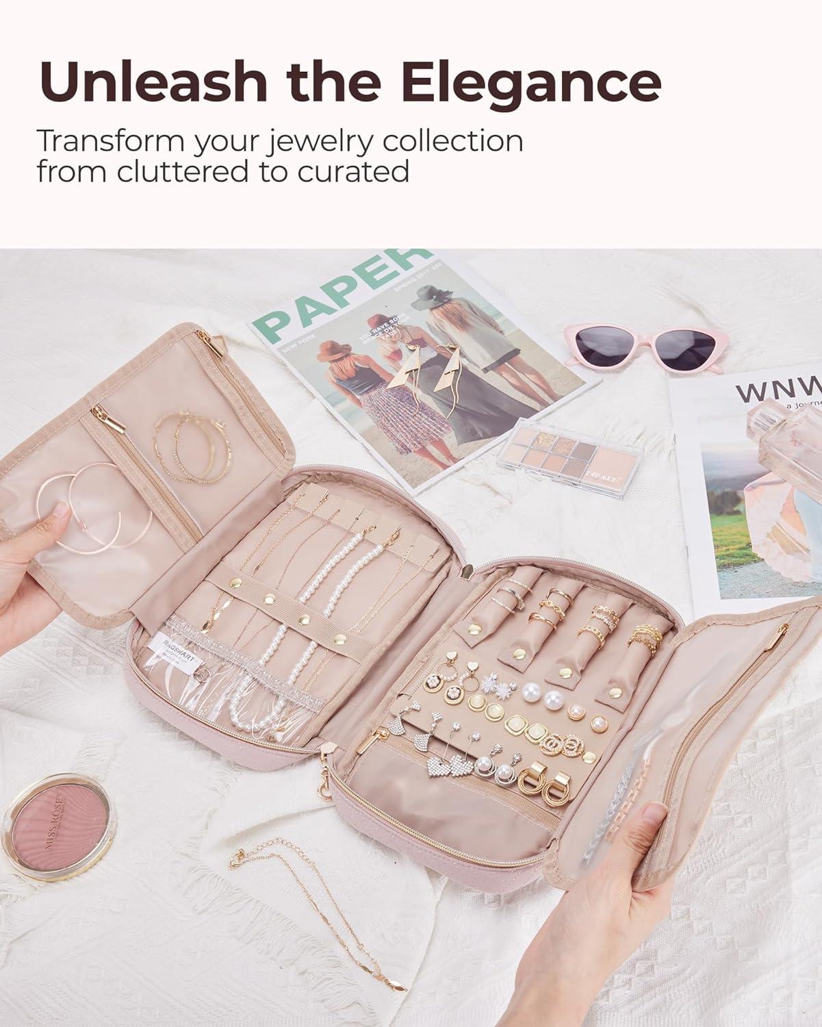 imageBAGSMART Jewelry Organizer Case Large Travel Jewelry Storage Bag for Necklace Earrings Rings Bracelet Soft PinkSoft Pink