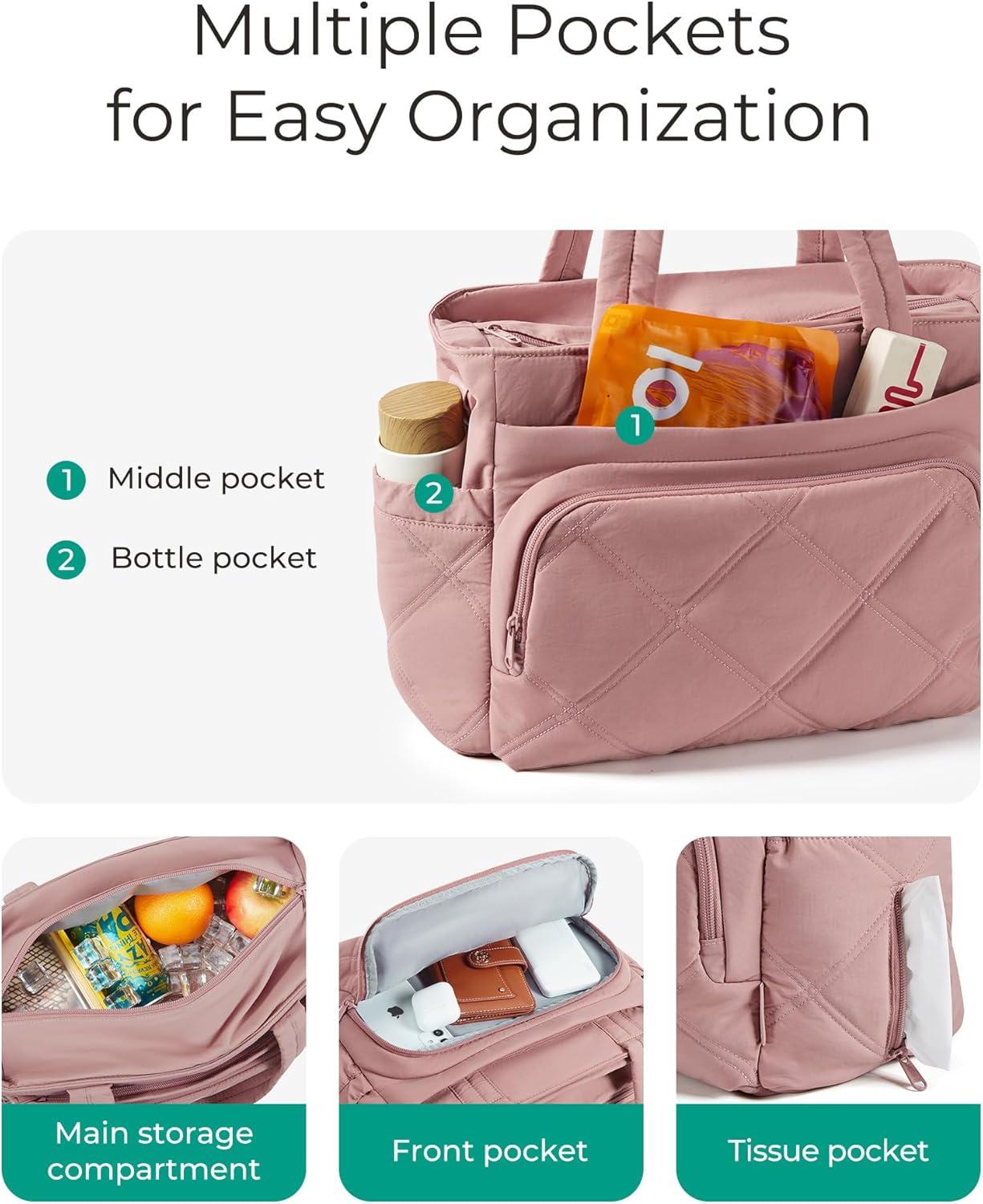 imageBAGSMART Lunch Bag Women Large Lunch Box Insulated Tote Bag with MultiPockets Quilted Puffy Tote for Work Outdoors01Dusky Pink