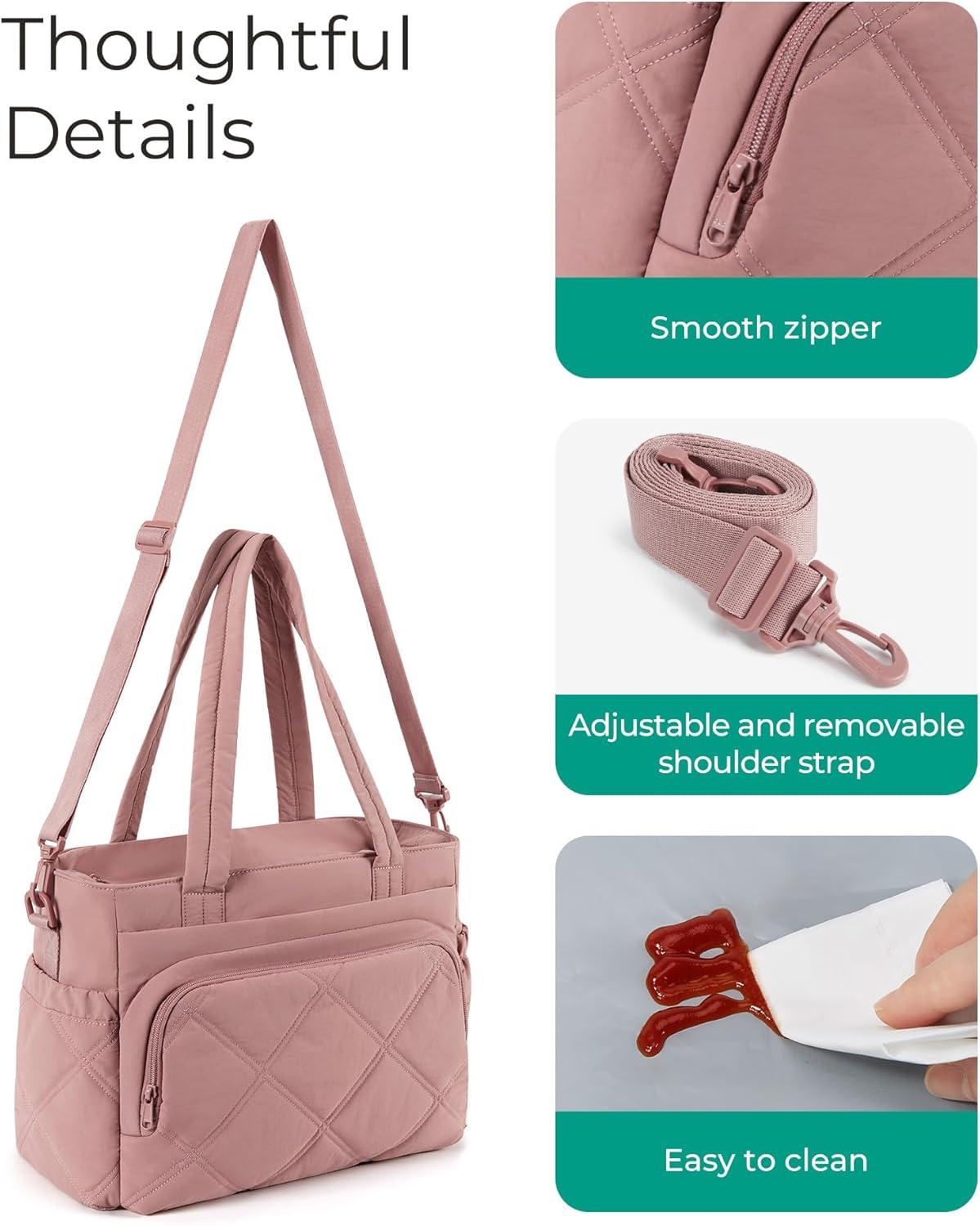 imageBAGSMART Lunch Bag Women Large Lunch Box Insulated Tote Bag with MultiPockets Quilted Puffy Tote for Work Outdoors01Dusky Pink