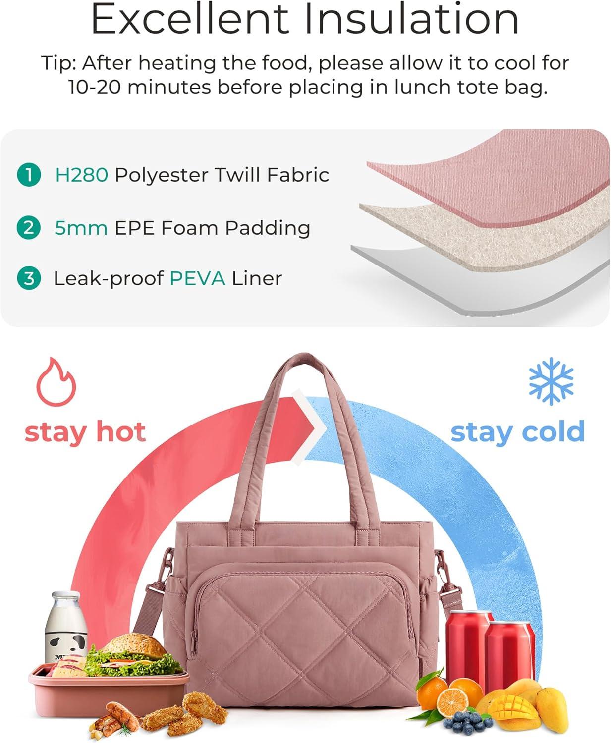 imageBAGSMART Lunch Bag Women Large Lunch Box Insulated Tote Bag with MultiPockets Quilted Puffy Tote for Work Outdoors01Dusky Pink