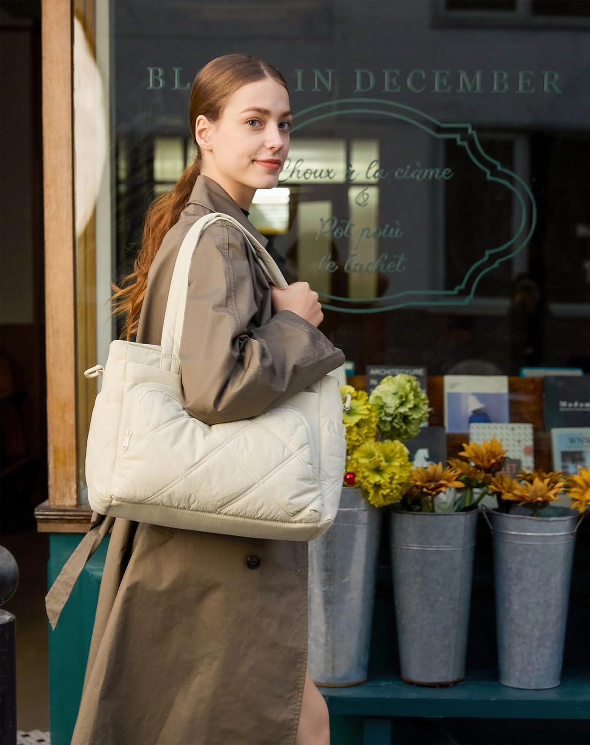 imageBAGSMART Lunch Bag Women Large Lunch Box Insulated Tote Bag with MultiPockets Quilted Puffy Tote for Work Outdoors02Brown