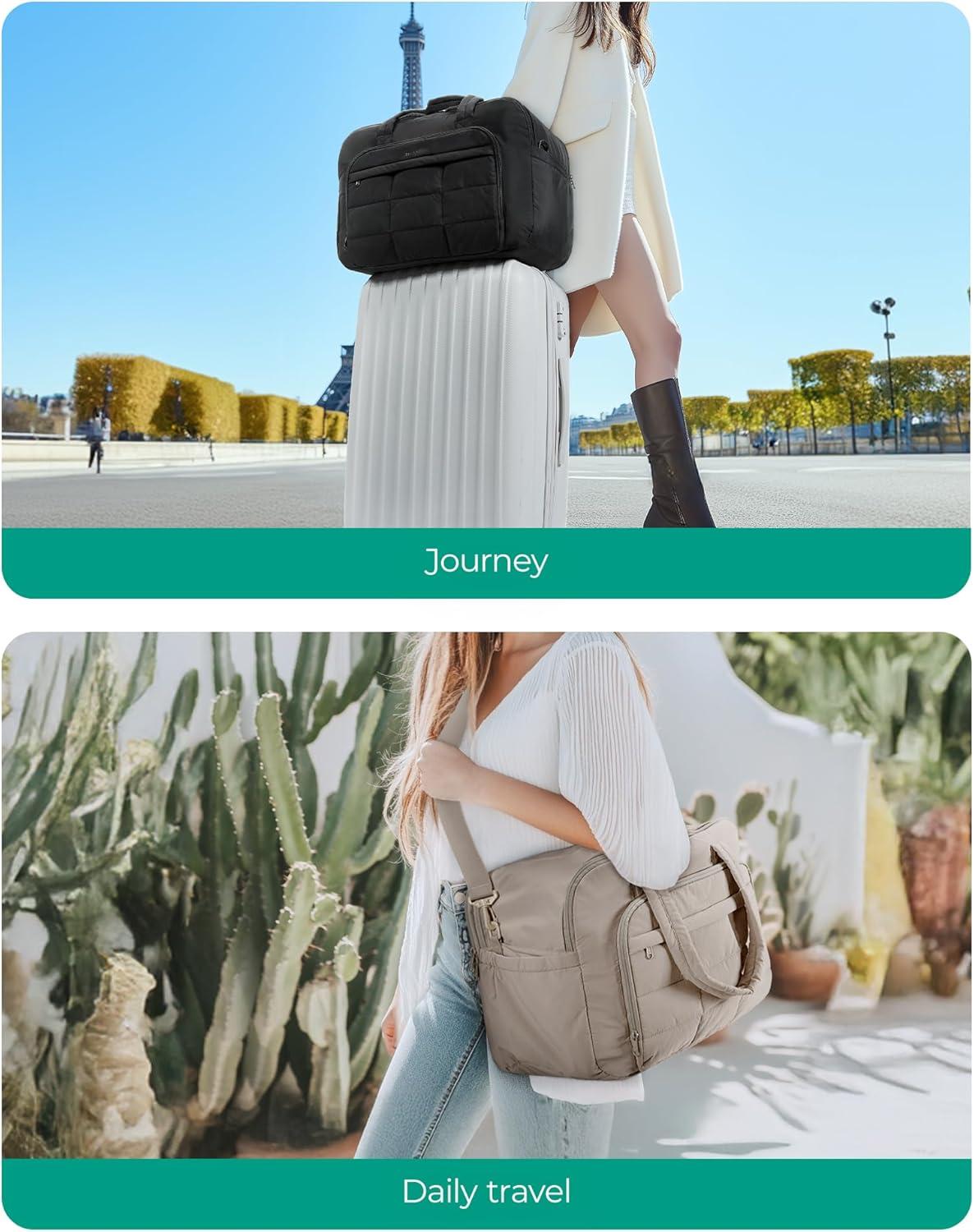 imageBAGSMART Travel Duffel Bag Carry on Travel Bag with Jewelry Compartment 35L Weekender Duffle for Women Water Resistant BlackLight Tan