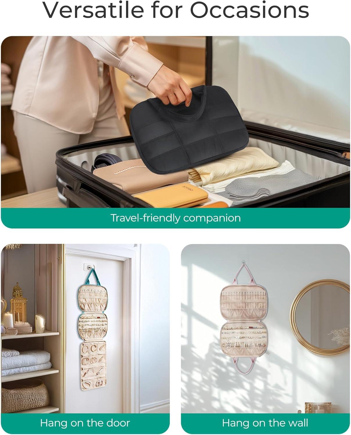 imageBAGSMART Travel Jewelry Case Hanging Jewelry Organizer with Zipper Pockets Large Capacity Puffy Jewelry Roll for Earrings Necklaces Rings on Closet Wall Door Portable Travel Essentials PinkPink