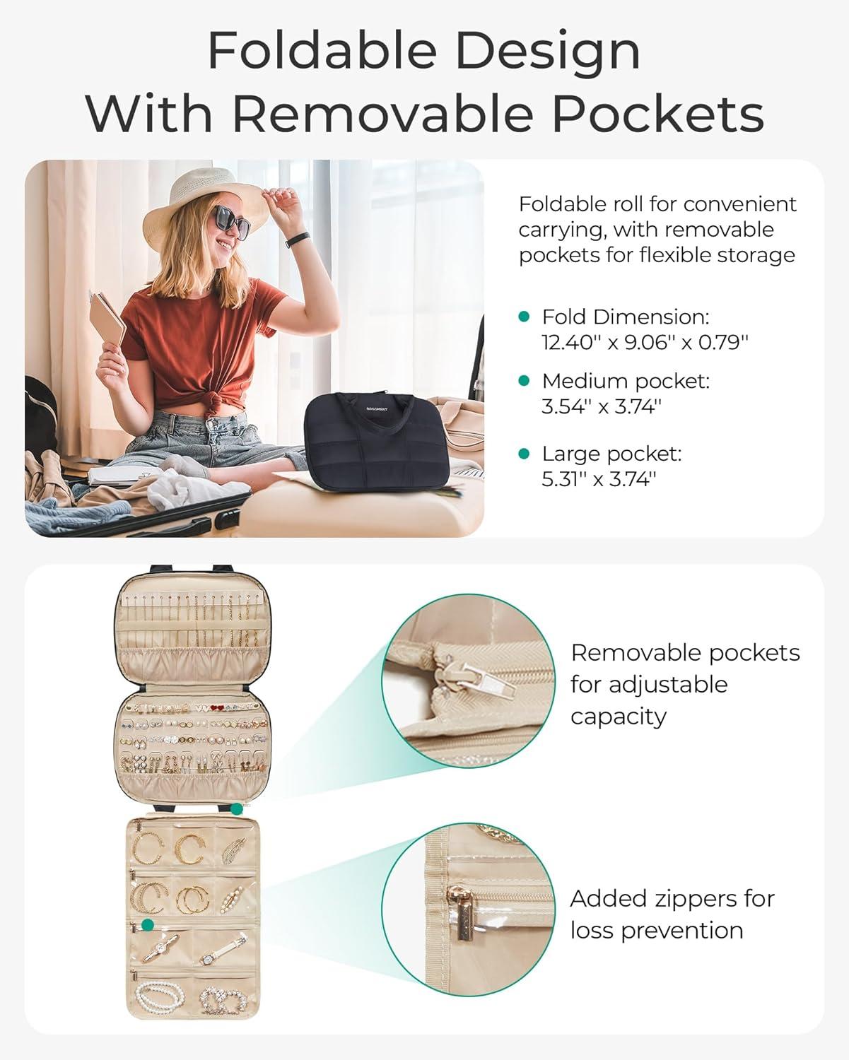 imageBAGSMART Travel Jewelry Case Hanging Jewelry Organizer with Zipper Pockets Large Capacity Puffy Jewelry Roll for Earrings Necklaces Rings on Closet Wall Door Portable Travel Essentials PinkPink