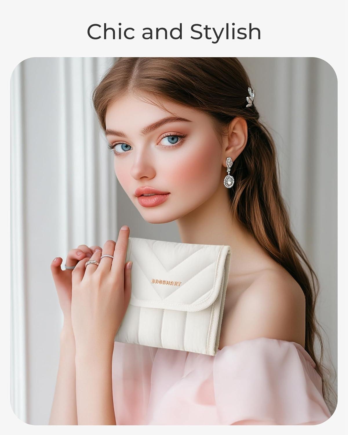 imageBAGSMART Travel Jewelry Organizer Case Foldable Jewelry Roll for Necklaces Earrings JourneyRings Bracelets Brooches Portable PinkBBeige