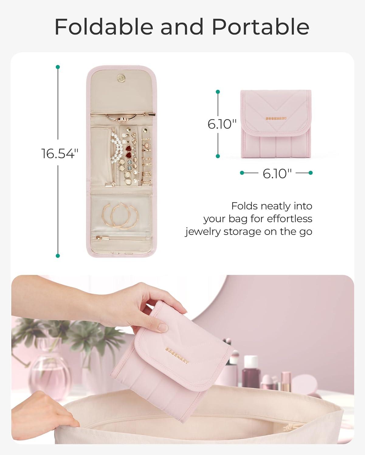imageBAGSMART Travel Jewelry Organizer Case Foldable Jewelry Roll for Necklaces Earrings JourneyRings Bracelets Brooches Portable PinkBBeige