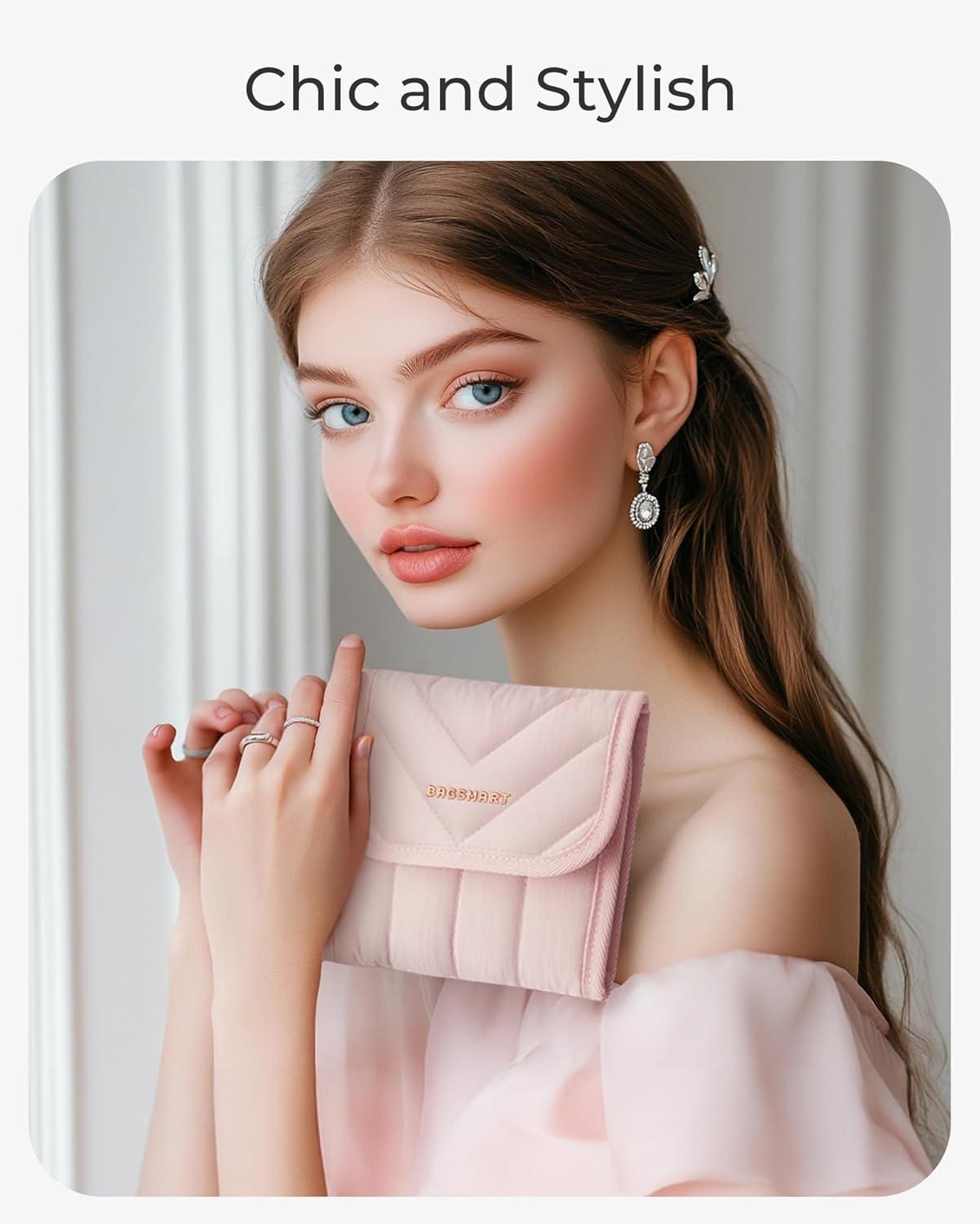 imageBAGSMART Travel Jewelry Organizer Case Foldable Jewelry Roll for Necklaces Earrings JourneyRings Bracelets Brooches Portable PinkBPink