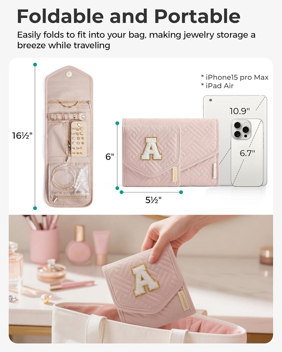imageBAGSMART Travel Jewelry Organizer Case Foldable Small Jewelry Roll for Journey Rings Necklaces Earrings BraceletsMiniSoft PinkPinkK