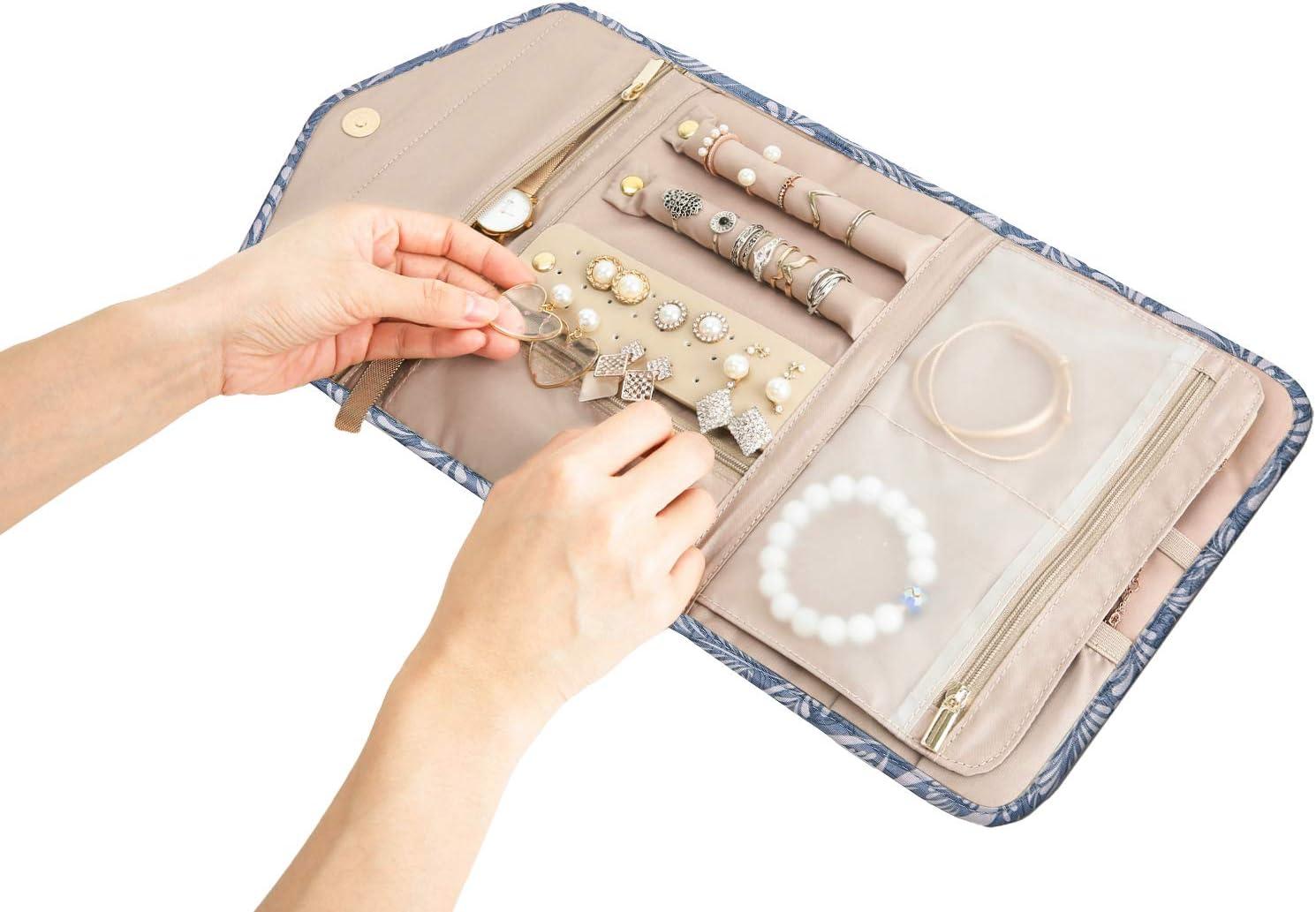 imageBAGSMART Travel Jewelry Organizer Case Foldable Small Jewelry Roll for Journey Rings Necklaces Earrings BraceletsMiniSoft PinkWhite Leaf