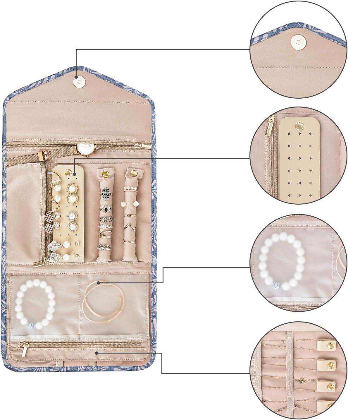 imageBAGSMART Travel Jewelry Organizer Case Foldable Small Jewelry Roll for Journey Rings Necklaces Earrings BraceletsMiniSoft PinkWhite Leaf