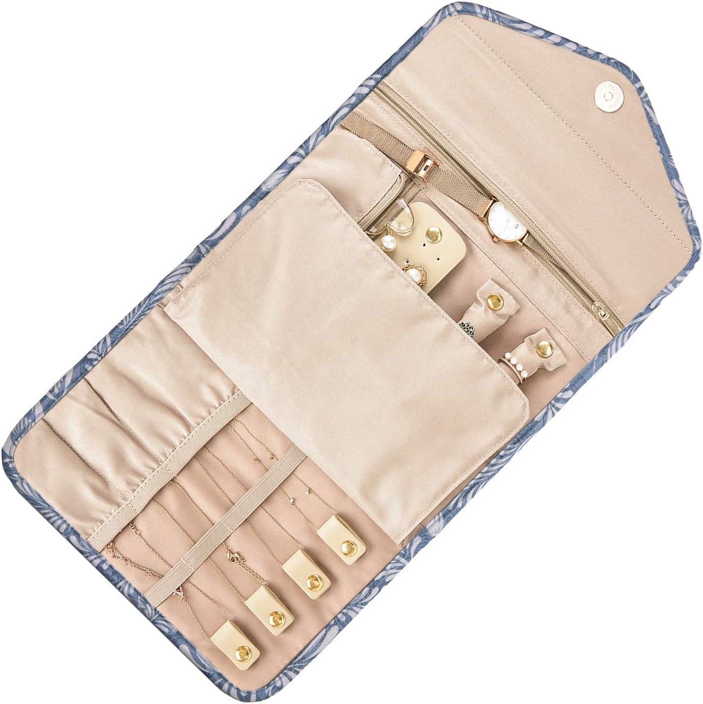 imageBAGSMART Travel Jewelry Organizer Case Foldable Small Jewelry Roll for Journey Rings Necklaces Earrings BraceletsMiniSoft PinkWhite Leaf
