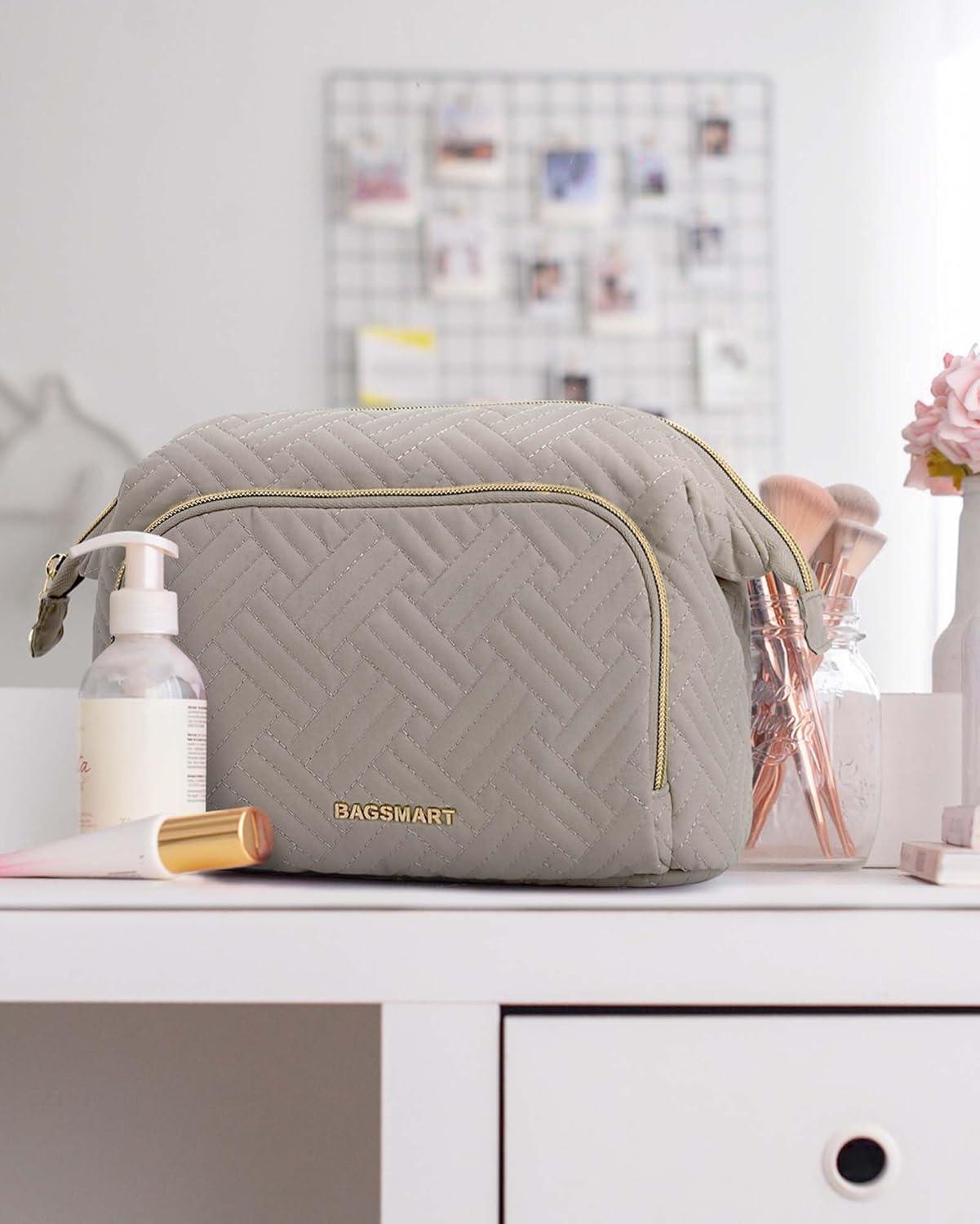 imageBAGSMART Travel Makeup Bag Cosmetic Bag Make Up Organizer CaseLarge Wideopen Pouch for Women Purse for Toiletries Accessories BrushesB1 Layer Tranquil Gray