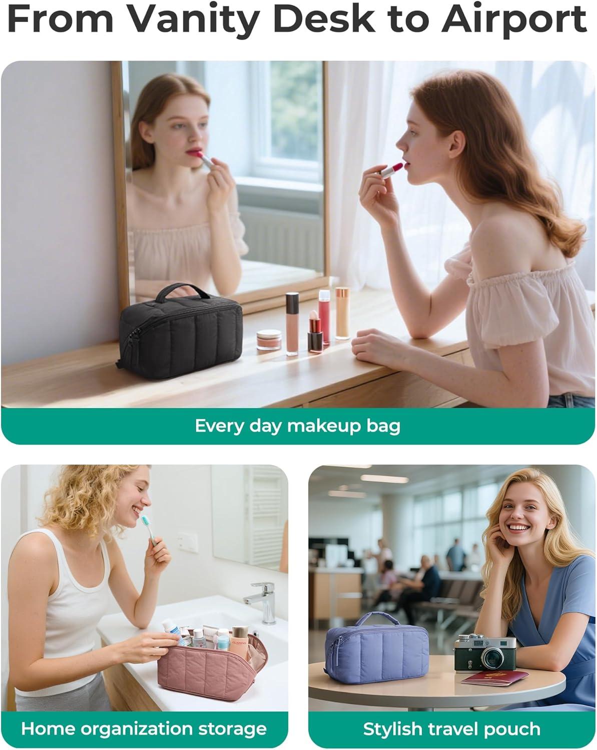 imageBAGSMART Travel Makeup Bag for Women Portable Waterresistant Cosmetic Case Puffy Padded Make Up Organizer Pouch Open Flat Toiletry Bag for Toiletries Brushes Black04Purple