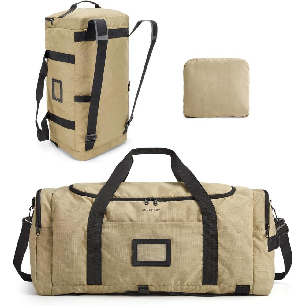 imageBAGSAMRT 60L Foldable Duffle Bag for Travel Large Travel Duffel Bag for Men 4 in 1 Travel Backpack Carry on Weekender Bag Army GreenLight Brown