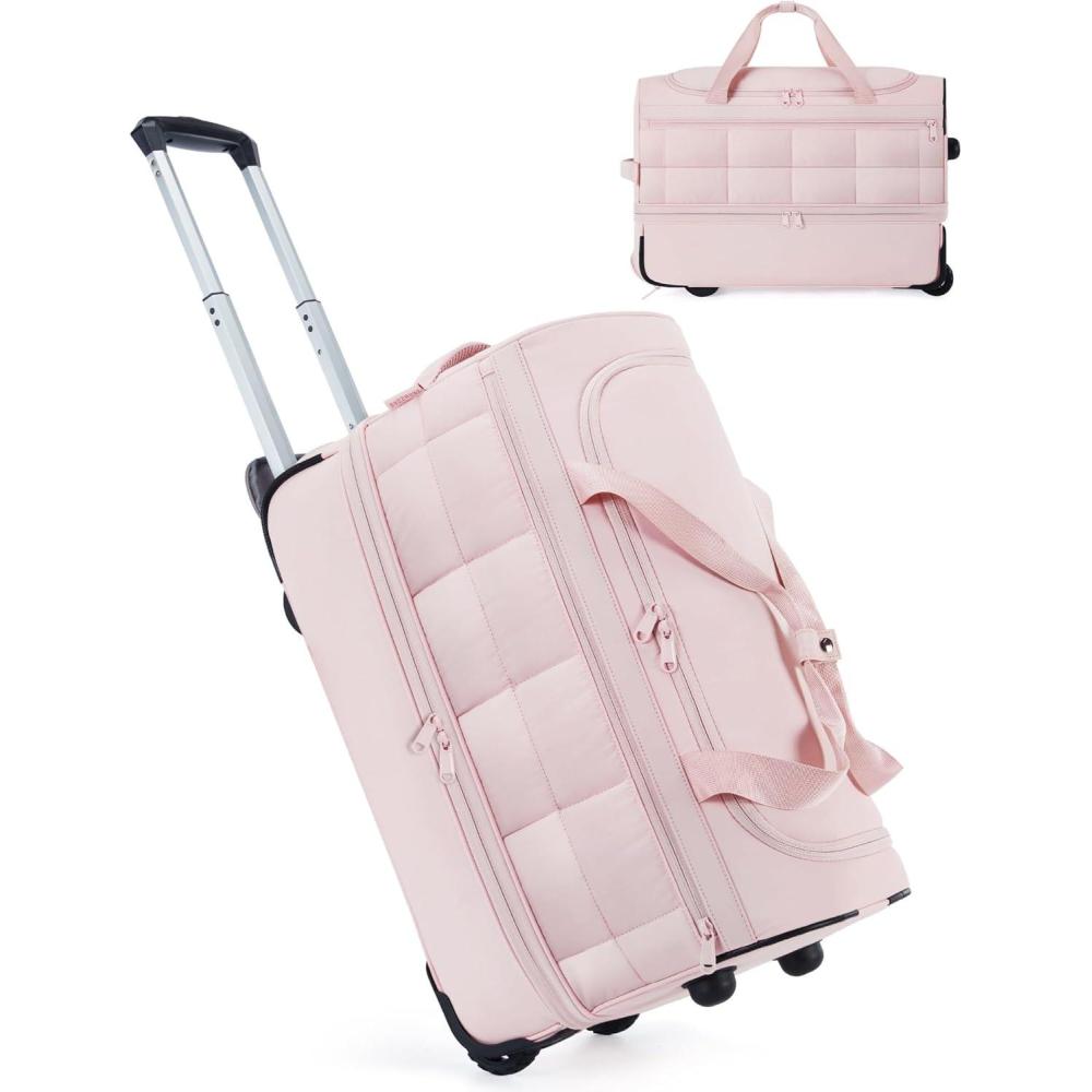 imageBAGSMART 42L Rolling Duffle Bag with Wheels Carry On Bag Duffel Bag for Travel Wet Pocket Duffle Bag with Wheels and Handle BrownAPink