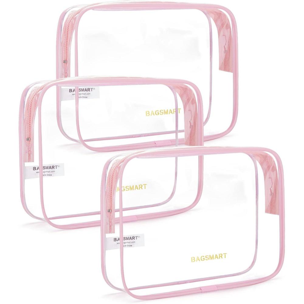 imageBAGSMART Clear Toiletry Bag 2 Pack TSA Approved Travel Toiletry Bag Carry on Travel Accessories Bag Airport Airline Quart Size Bags Water Repellent Makeup Cosmetic Bag for Women Black2pcsCandy Pink