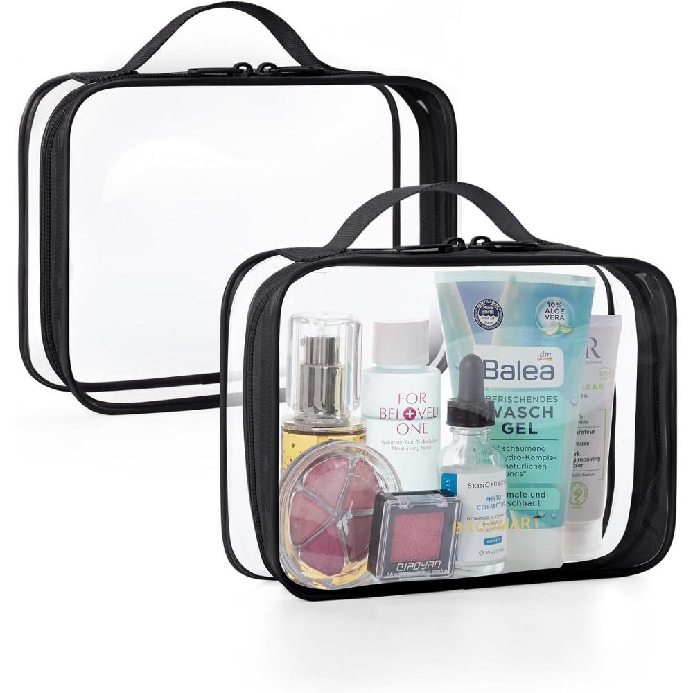 imageBAGSMART Clear Toiletry Bag 2 Pack TSA Approved Travel Toiletry Bag Carry on Travel Accessories Bag Airport Airline Quart Size Bags Water Repellent Makeup Cosmetic Bag for Women Black2pcsActive Blackwith handle180 open