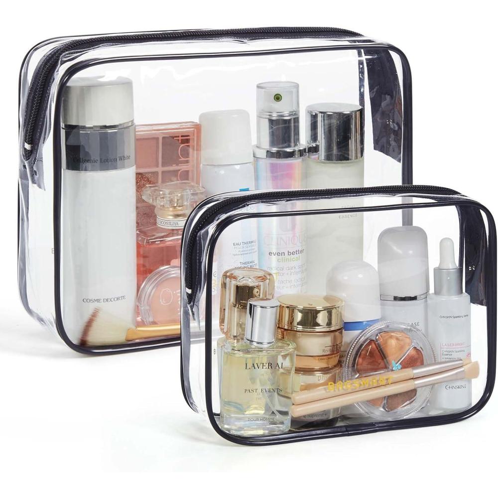 imageBAGSMART Clear Toiletry Bag 2 Pack TSA Approved Travel Toiletry Bag Carry on Travel Accessories Bag Airport Airline Quart Size Bags Water Repellent Makeup Cosmetic Bag for Women Black2pcsBlack