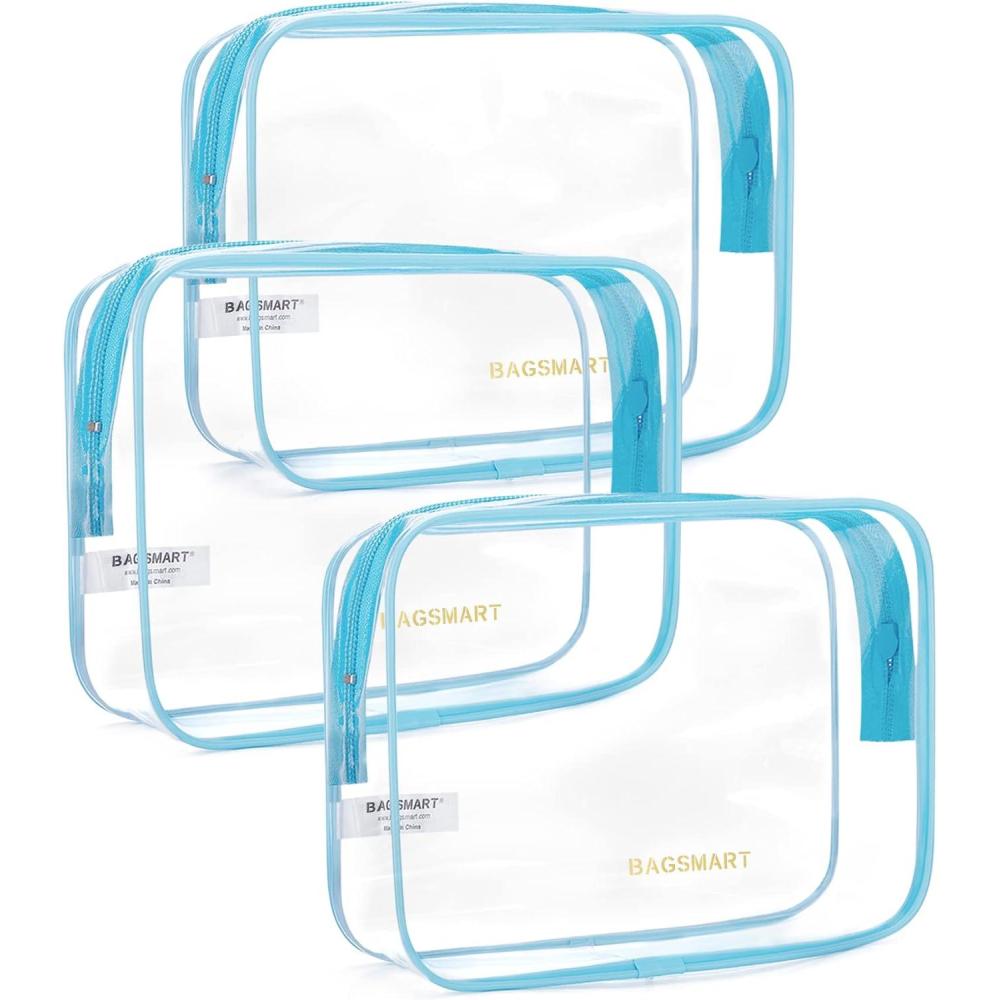 imageBAGSMART Clear Toiletry Bag 2 Pack TSA Approved Travel Toiletry Bag Carry on Travel Accessories Bag Airport Airline Quart Size Bags Water Repellent Makeup Cosmetic Bag for Women Black2pcsCerulean Blue