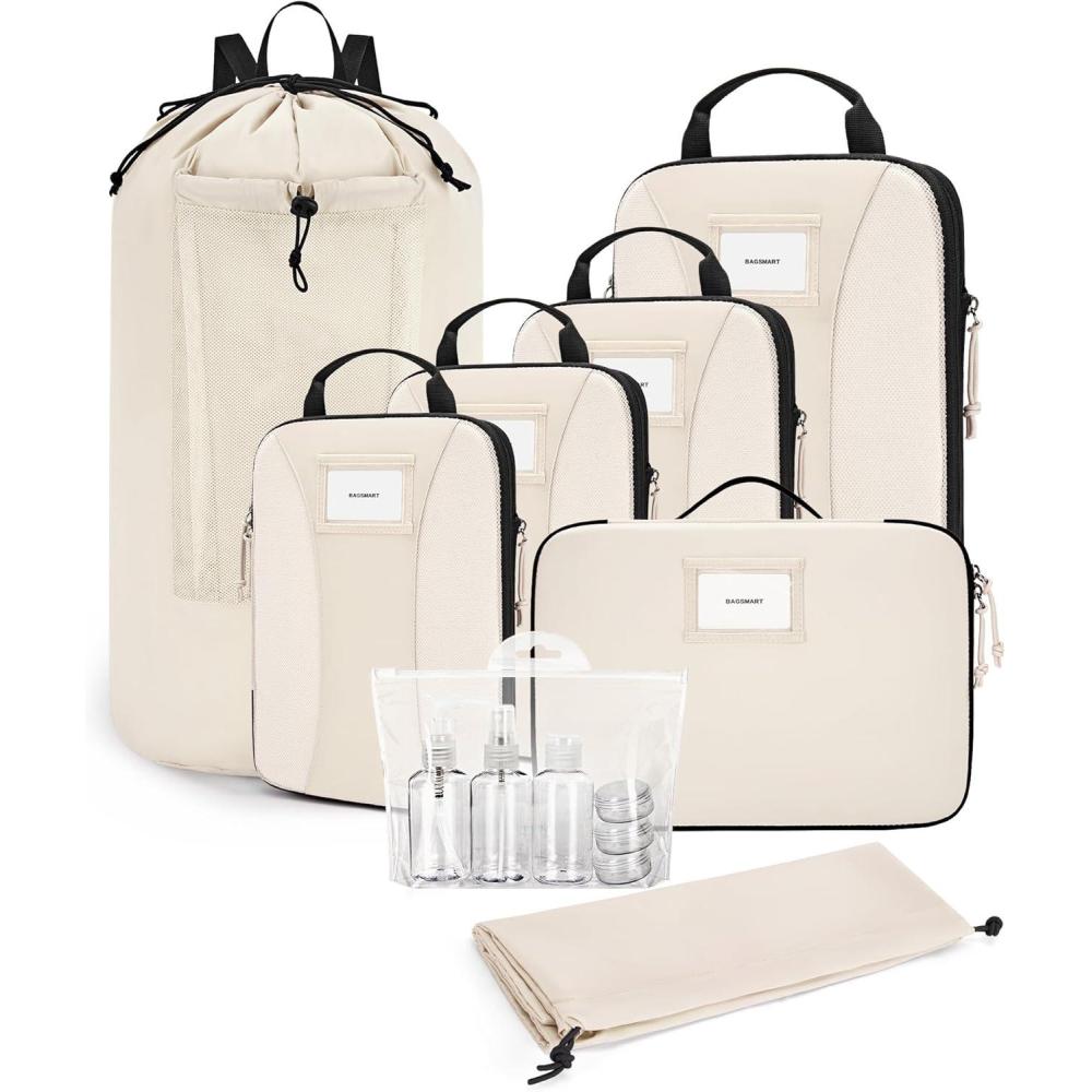 imageBAGSMART Compression Packing Cubes 6 PCS Packing Cubes for Suitcases Travel Bags Organizer for Luggage Lightweight Packing Cube for Travel EssentialsLight Beige