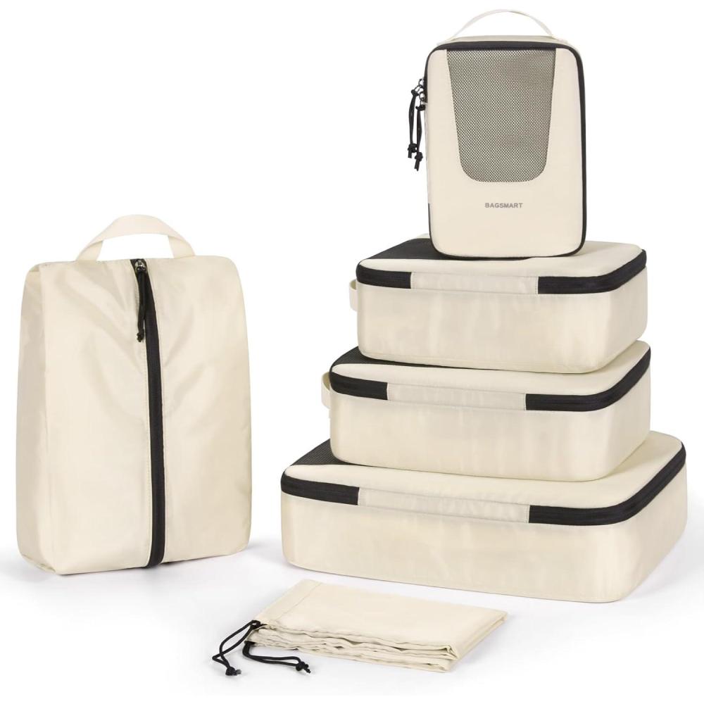 imageBAGSMART Compression Packing Cubes Travel Cubes for Packing 654 Set Suitcase Organizer Bags Set Lightweight Packing Organizers01Beige