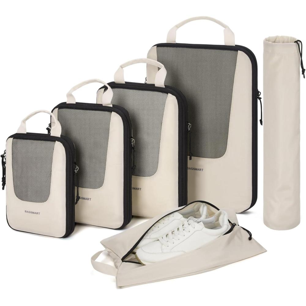 imageBAGSMART Compression Packing Cubes Travel Cubes for Packing 654 Set Suitcase Organizer Bags Set Lightweight Packing OrganizersABeige